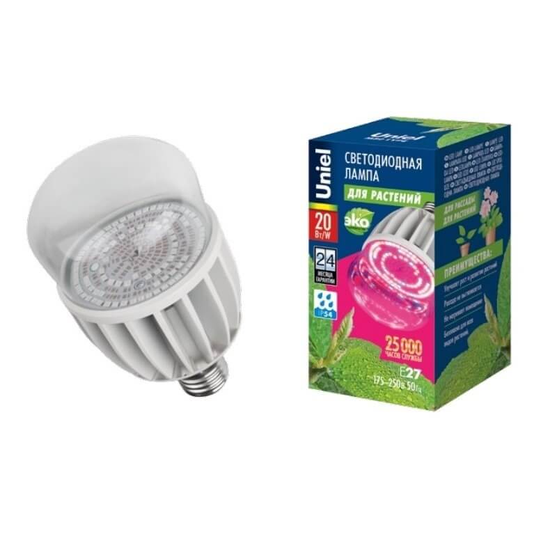 Лампа светодиодная для растений Uniel LED-M80-20W/SP/E27/CL ALS55WH IP54