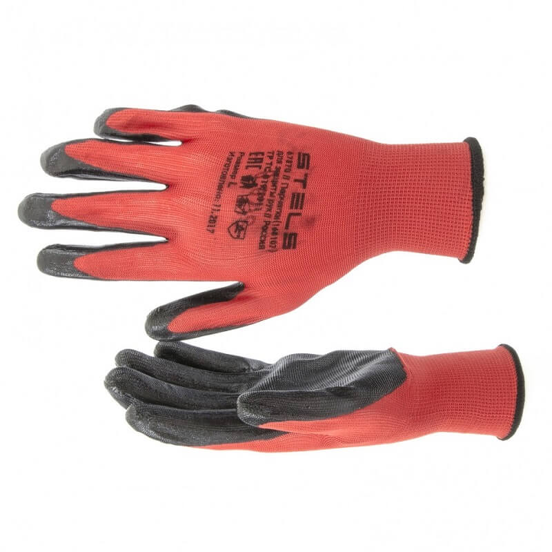 Полиэфирные перчатки красные с чёрным нитрильным покрытием STELS